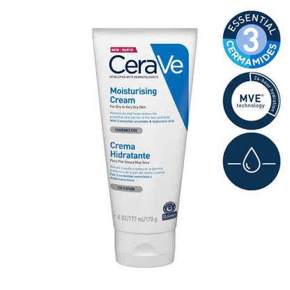 CeraVe Moisturising Cream tube for dry skin, infused with ceramides and hyaluronic acid, fragrance-free, dermatologist-developed.