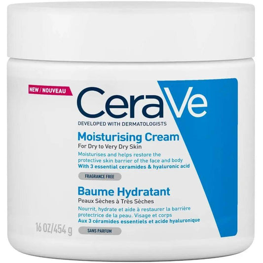 CeraVe Moisturising Cream 454g in a jar, formulated with ceramides and hyaluronic acid for intense hydration.