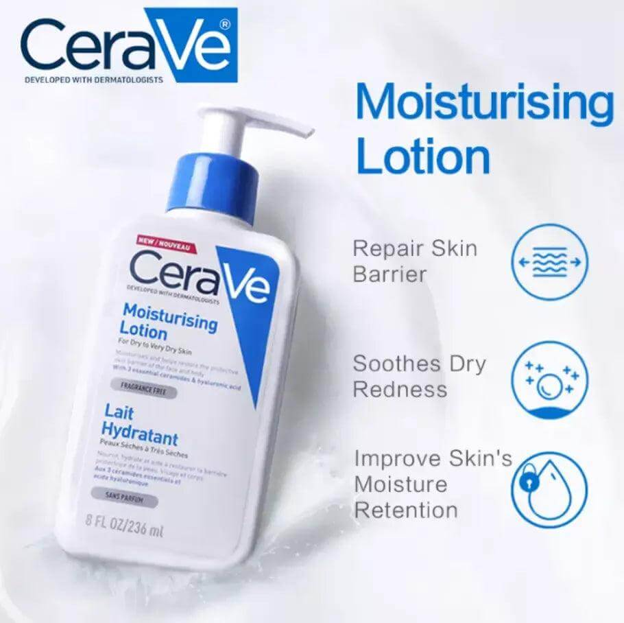 CeraVe Moisturising Lotion 236ml, hydrates skin, supports barrier, soothes dryness, with essential ceramides and hyaluronic acid.