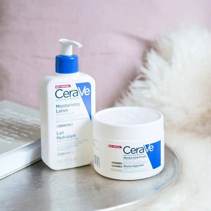 CeraVe Moisturising Lotion and Cream on a silver tray, promoting hydration and skin barrier protection.