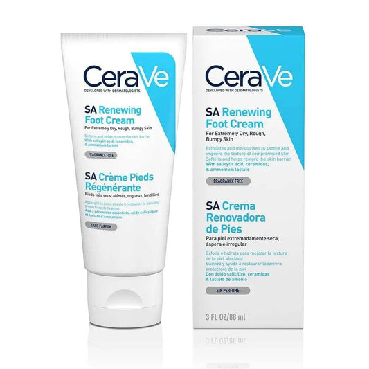 CeraVe SA Renewing Foot Cream 88ml tube and box packaging for hydrating and exfoliating dry, rough skin.