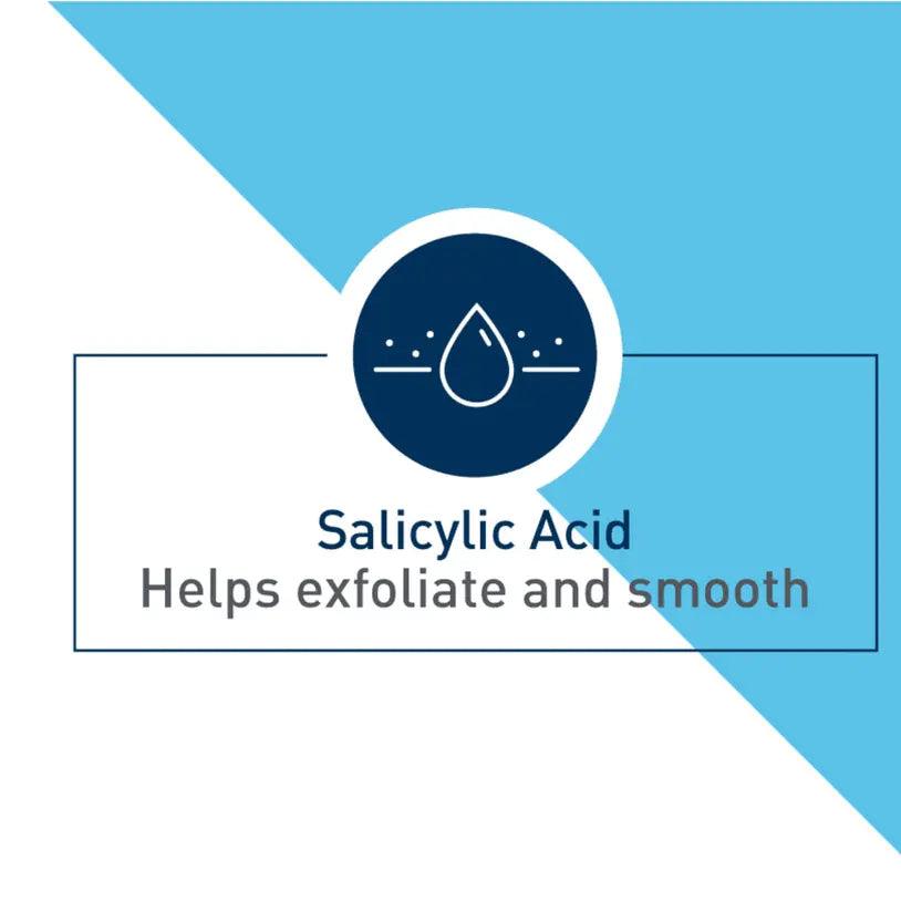 CeraVe SA Smoothing Cleanser Salicylic Acid benefits: helps exfoliate and smooth skin, featured in skincare product visuals.