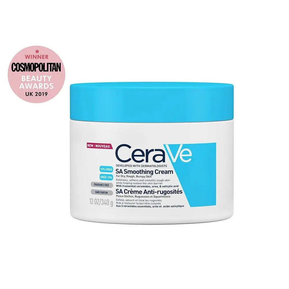 CeraVe Smoothing Cream 340g in jar with blue lid, developed with dermatologists for dry and bumpy skin.