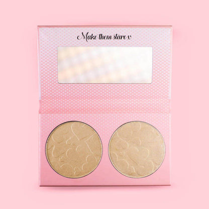 Doll Beauty Light Highlighter Duo palette with two shimmering shades: Shine Bright and Like a Diamond, in a stylish pink compact.