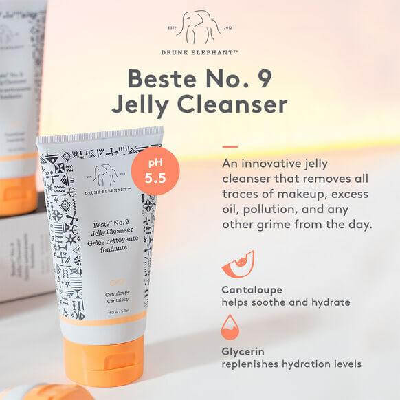 Drunk Elephant Beste No. 9 Jelly Cleanser 60ml tube, pH 5.5, removes makeup, oil, and pollution while hydrating skin.