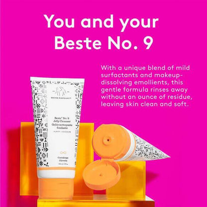 Drunk Elephant Beste No. 9 Jelly Cleanser 60ml tube on colorful background, highlighting its gentle cleansing formula.