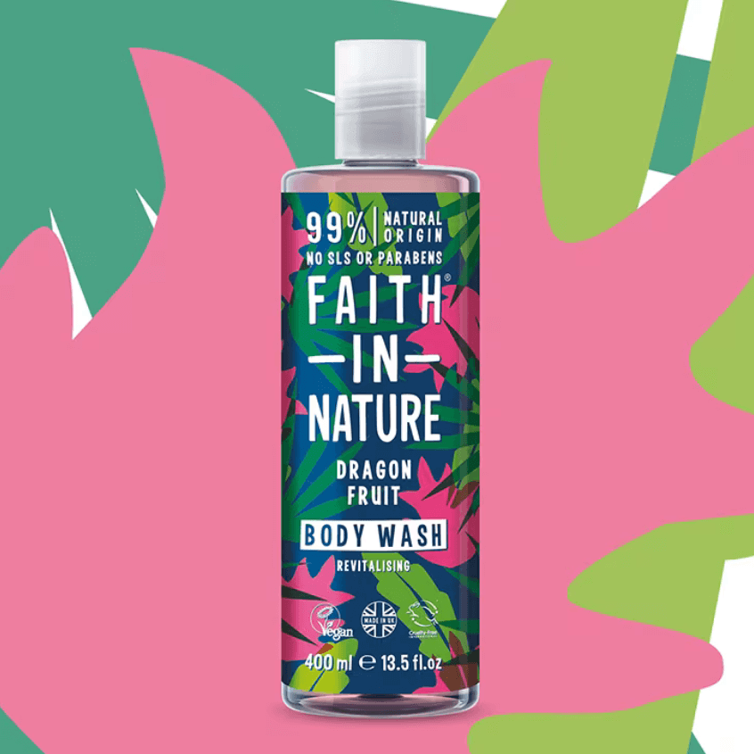 Faith in Nature Dragon Fruit Body Wash 400ml, 99% natural origin, revitalizing fruity aroma, cruelty-free ingredients.