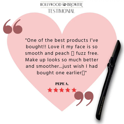 Customer testimonial for Hollywood Browzer highlighting its effectiveness in hair removal and skin smoothness.