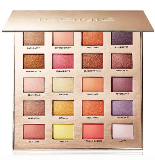 Iconic London Sunset to Sunrise Eyeshadow Palette featuring 20 vibrant shades for all skin tones in matte, shimmer, and glitter finishes.
