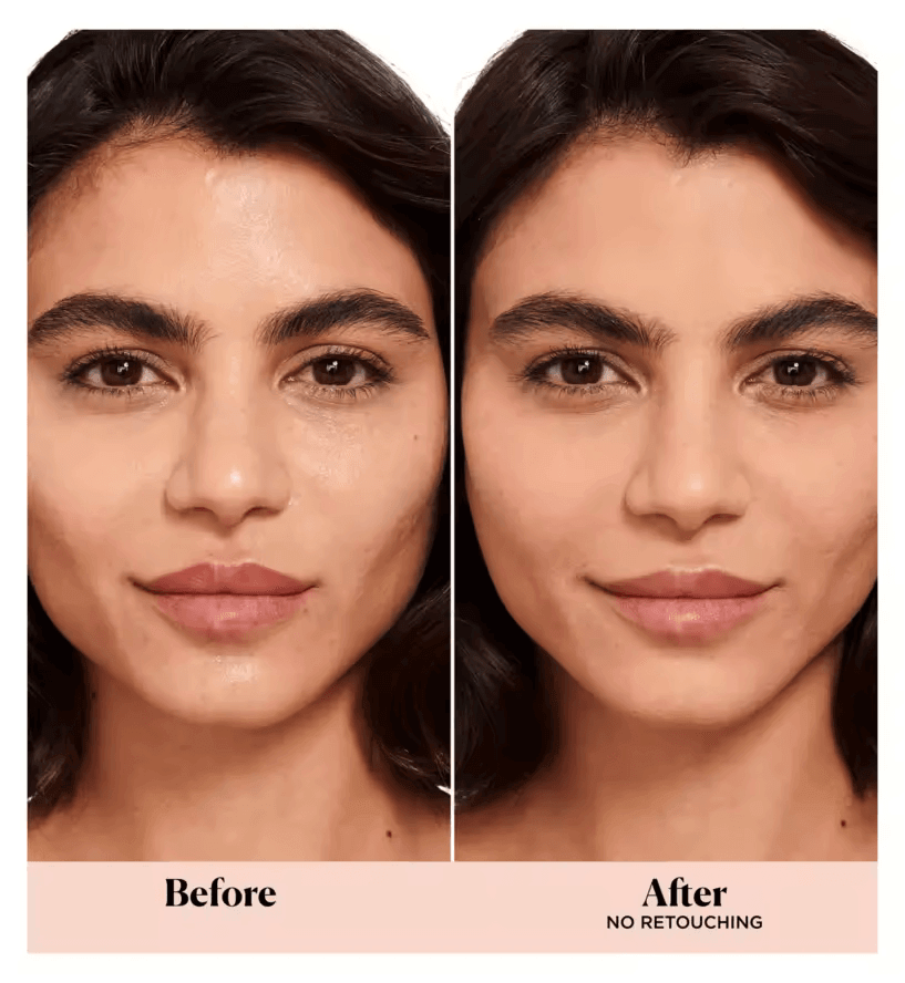 Before and after results showcasing smooth skin with Laura Mercier setting powder, no retouching applied.
