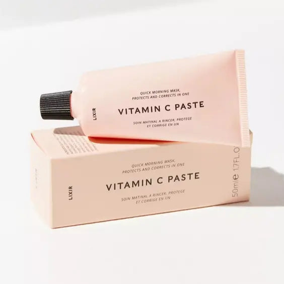 Lixirskin Vitamin C Facial Paste packaging and tube for vibrant, smooth skin, perfect morning mask.