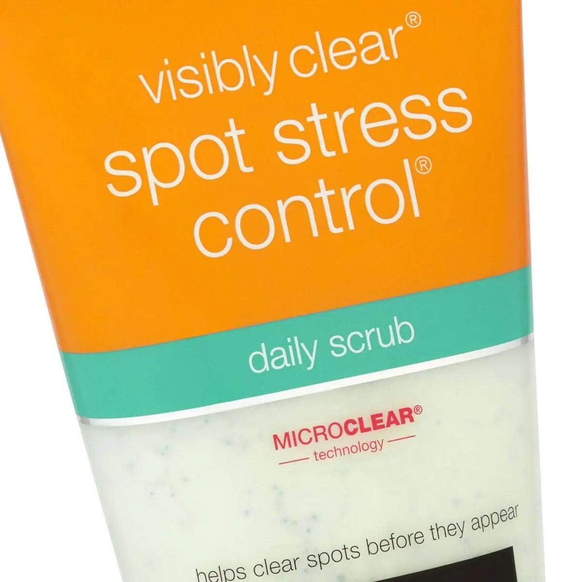 NEUTROGENA® Visibly Clear Spot Stress Control Daily Scrub featuring MicroClear technology for clear skin.
