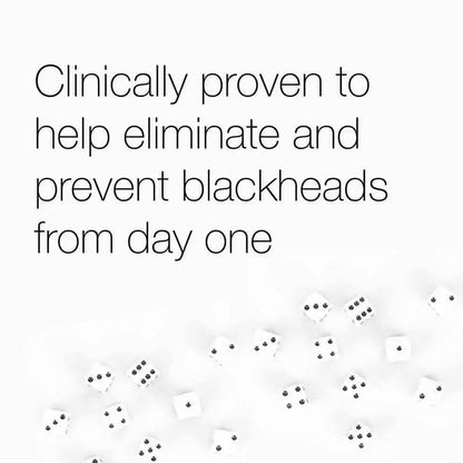 Text showcasing clinical proof of Neutrogena blackhead elimination with background dice, emphasizing skincare benefits.