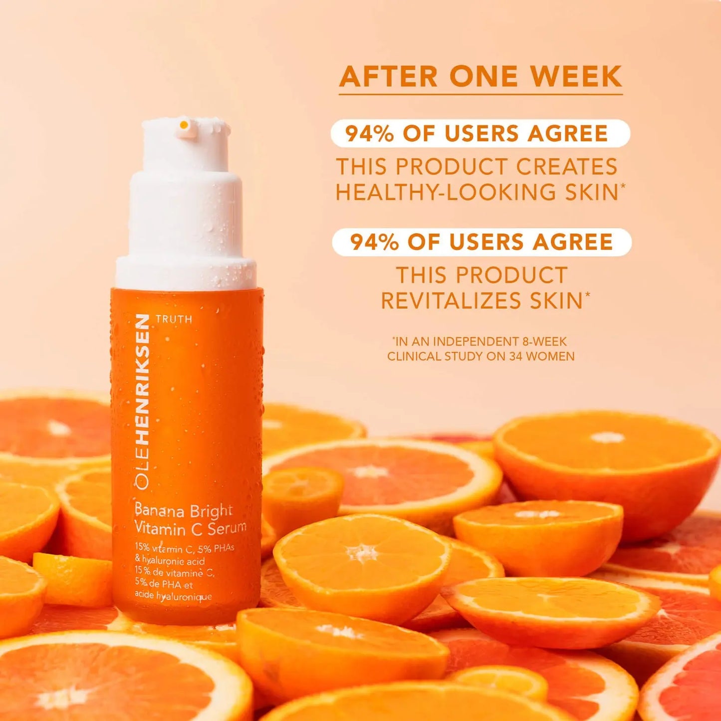 OLE HENRIKSEN Banana Bright™ Vitamin C Serum with orange slices, promoting healthy, revitalized skin after one week of use.