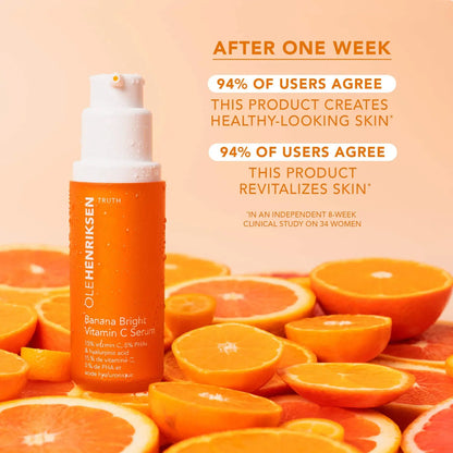 OLE HENRIKSEN Banana Bright™ Vitamin C Serum with orange slices, promoting healthy, revitalized skin after one week of use.