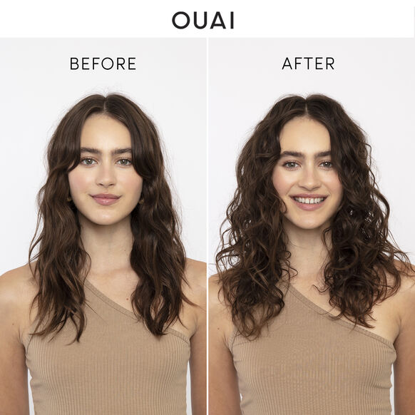 Before and after using OUAI Treatment Mask, showcasing improved hair texture and hydration.