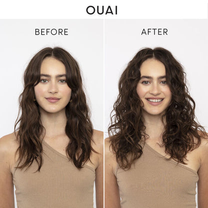 Before and after using OUAI Treatment Mask, showcasing improved hair texture and hydration.