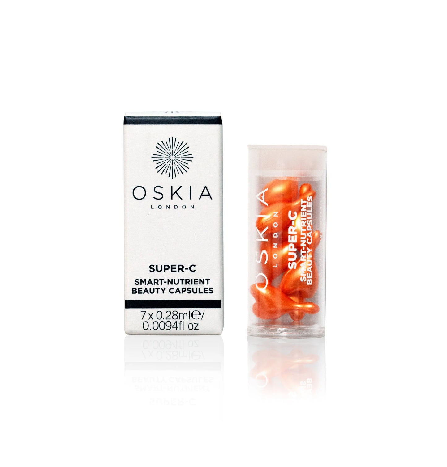 Oskia Super-C Smart Nutrient Beauty Capsules packaging and capsules for glowing, youthful skin.