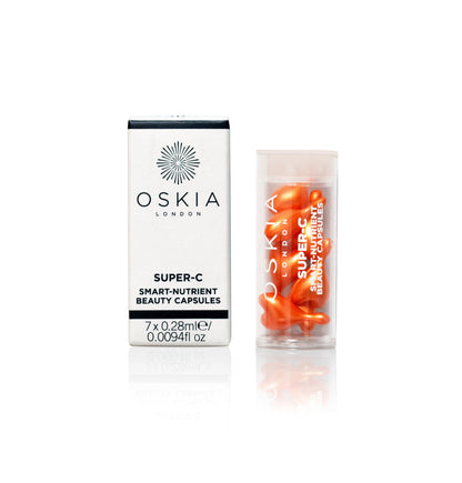 Oskia Super-C Smart Nutrient Beauty Capsules packaging and capsules for glowing, youthful skin.