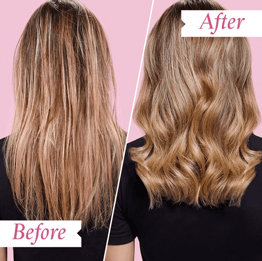 Before and after results of hair treatment showing improved elasticity and shine with Philip Kingsley Elasticizer.