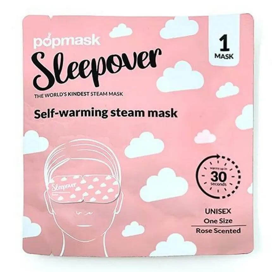 Popmask Sleepover self-warming steam eye mask in pink packaging, unisex, rose scented, heats in 30 seconds.