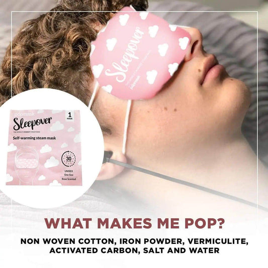 Person wearing Popmask Sleepover self-warming steam eye mask with packaging and benefits outlined.