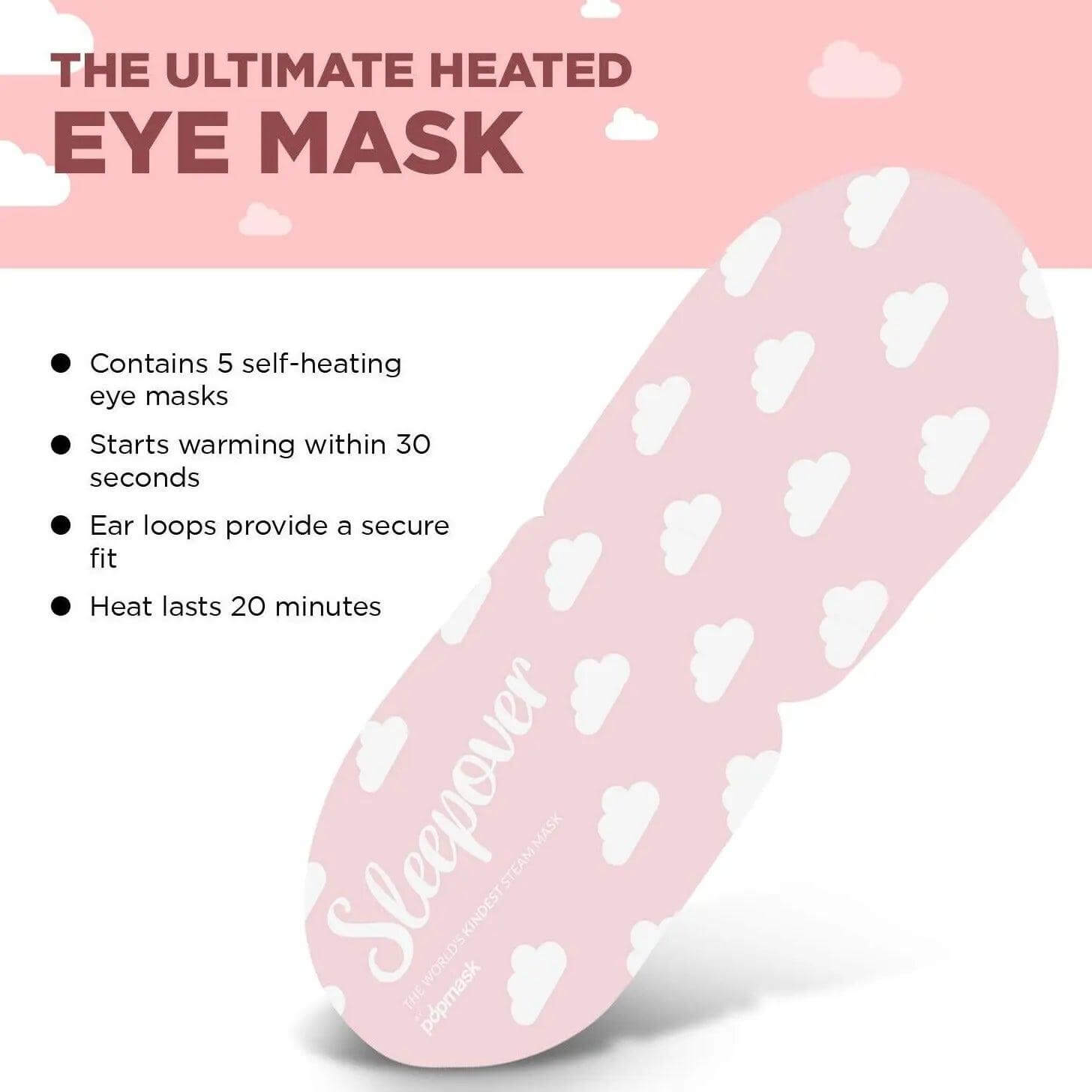 Popmask Sleepover self-heating eye mask on a pink background, featuring cloud design and details about warming time and secure fit.