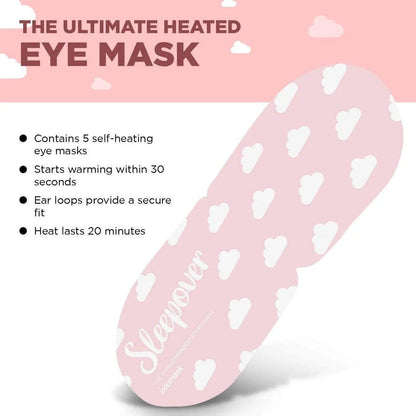 Popmask Sleepover self-heating eye mask on a pink background, featuring cloud design and details about warming time and secure fit.