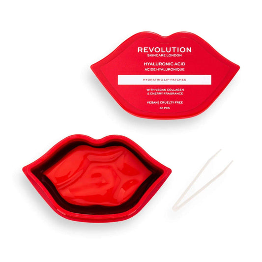 Revolution Skincare Hydrating Hyaluronic Lip Patches in red lip-shaped packaging, featuring 30 vegan patches.