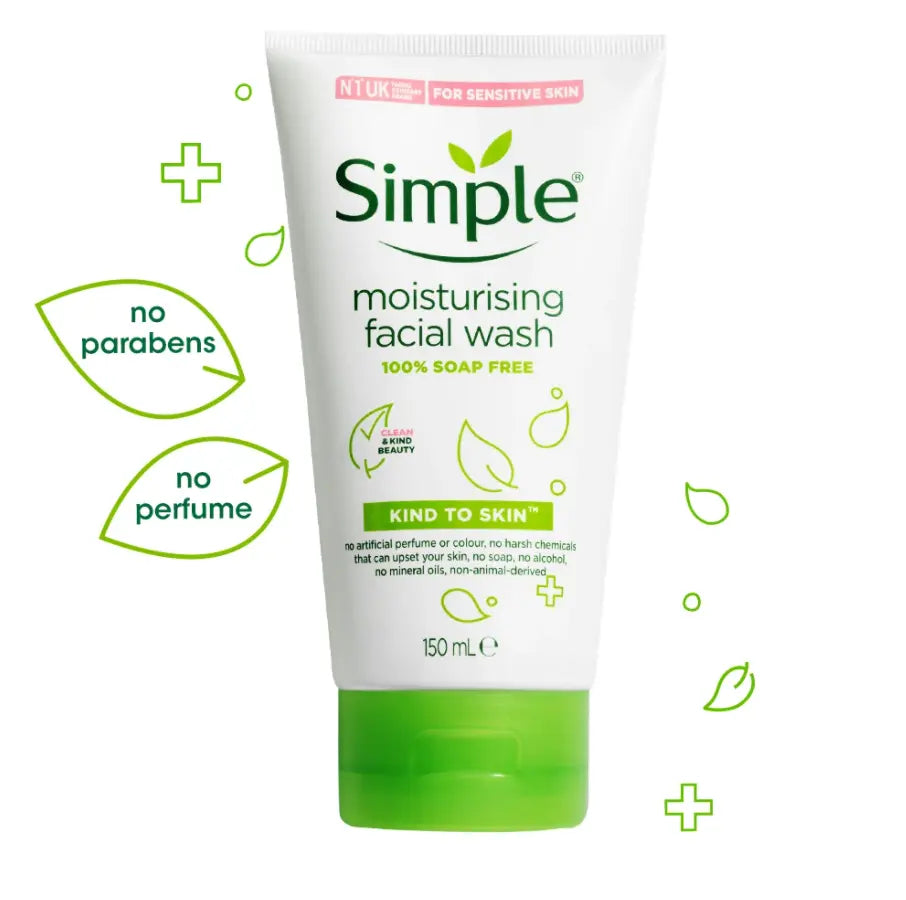 Simple Kind To Skin Moisturising Facial Wash 150ml, perfect for sensitive skin, non-comedogenic, soap-free formula.