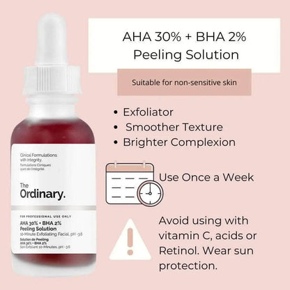 The Ordinary AHA 30% + BHA 2% Peeling Solution 30ml bottle with exfoliating benefits and usage instructions.