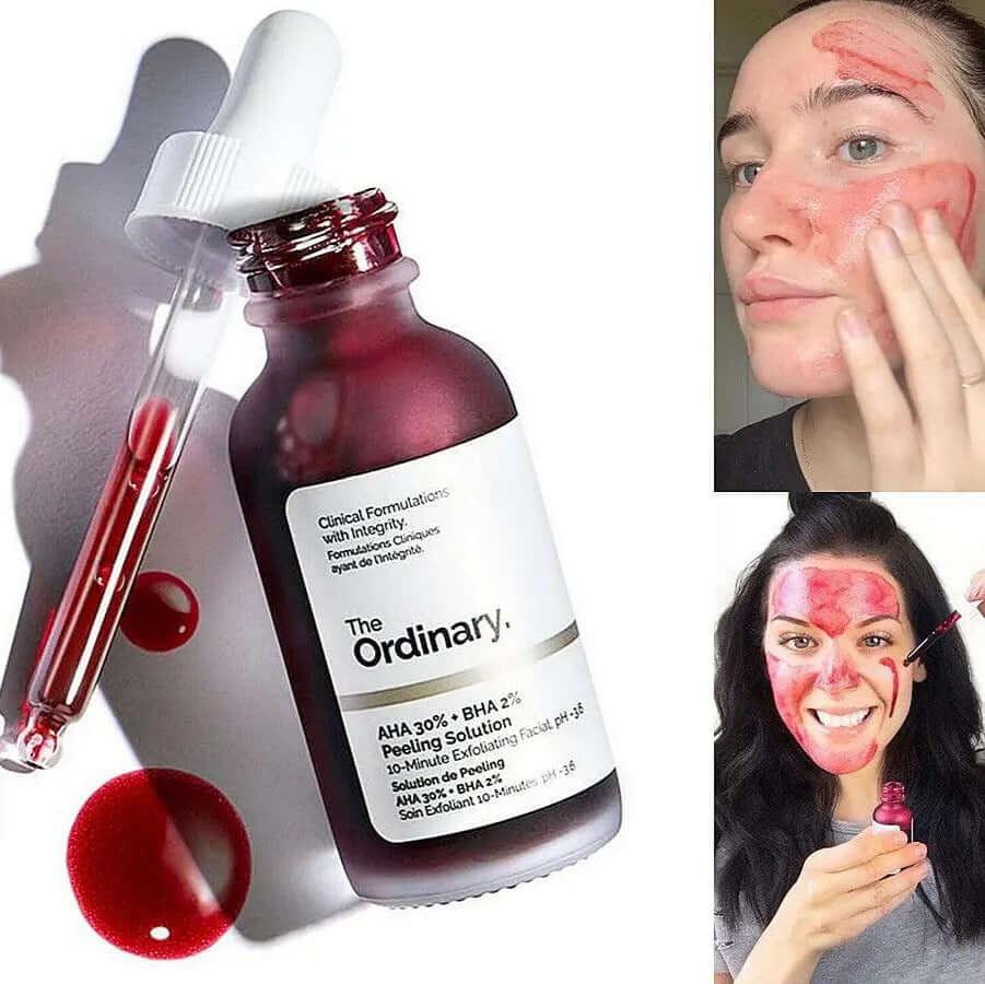 The Ordinary AHA 30% + BHA 2% Peeling Solution bottle with users applying the exfoliating facial.