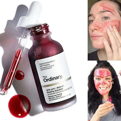 The Ordinary AHA 30% + BHA 2% Peeling Solution bottle with users applying the exfoliating facial.