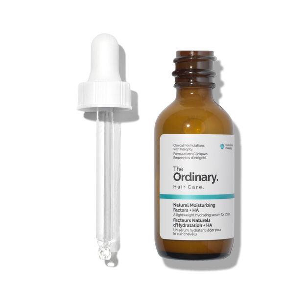 The Ordinary Natural Moisturizing Factors + HA scalp serum in a 60ml amber bottle with dropper.