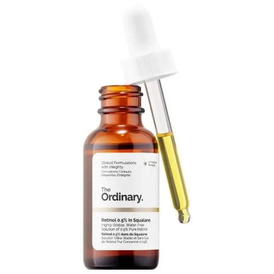 The Ordinary Retinol 0.5% in Squalane 30ml serum bottle with dropper, ideal for youthful, revitalized skin.