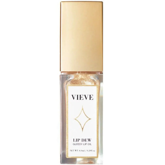 VIEVE Full Size Lip Dew 6ml glossy lip oil in a clear bottle with gold accents for a reflective sheen.