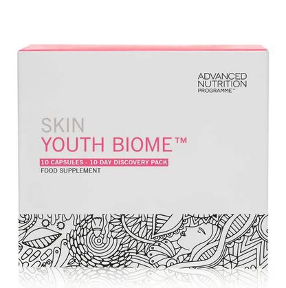 Advanced Nutrition Programme Skin Youth Biome 10 Capsules pack for gut health and skincare transformation.
