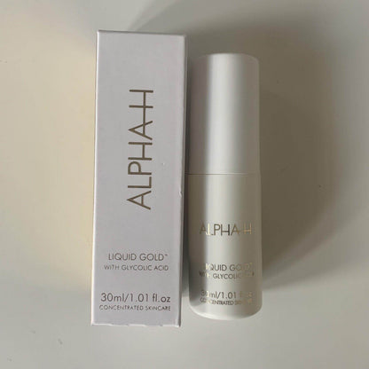 Alpha-H Liquid Gold with 5% Glycolic Acid packaging and bottle, 30ml concentrated skincare.