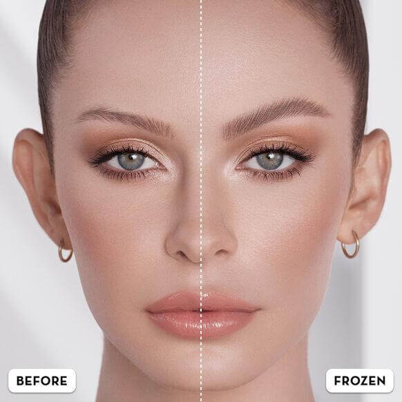 Before and after comparison of eyebrows using Anastasia Beverly Hills Brow Freeze, showcasing extreme hold and sculpting effect.