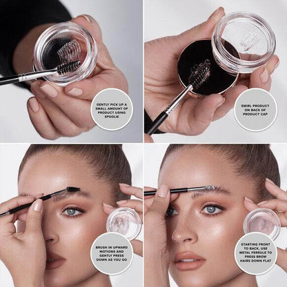 Application steps for Anastasia Beverly Hills Brow Freeze Extreme Hold Laminated-Look Sculpting Wax.