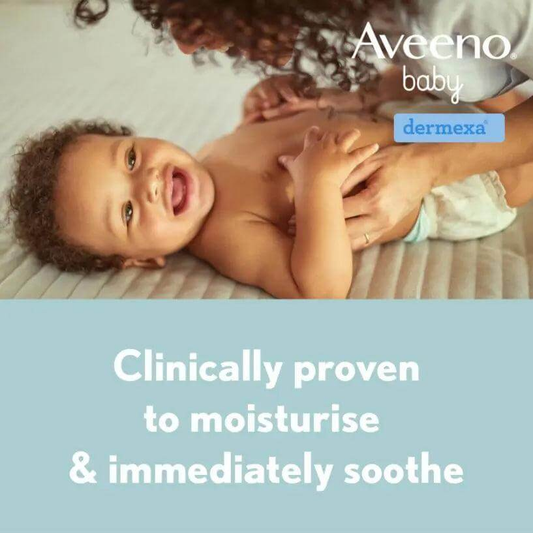 Happy baby smiling during application of Aveeno Baby Dermexa cream, clinically proven to moisturize and soothe skin.