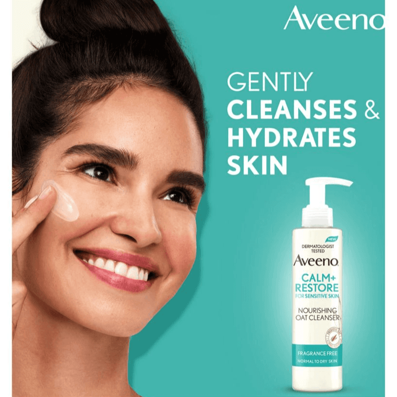 Aveeno Calm + Restore Cleanser 200ml; gently cleanses and hydrates sensitive skin with nourishing oat formula.