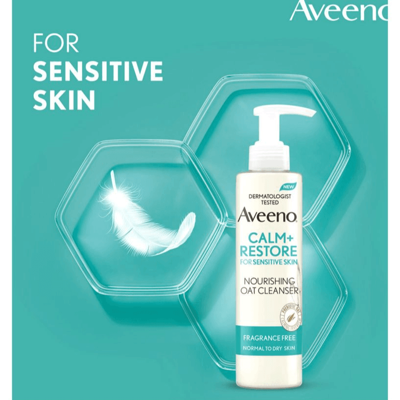 Aveeno Calm + Restore Nourishing Oat Cleanser for sensitive skin, gentle and fragrance-free 200ml.