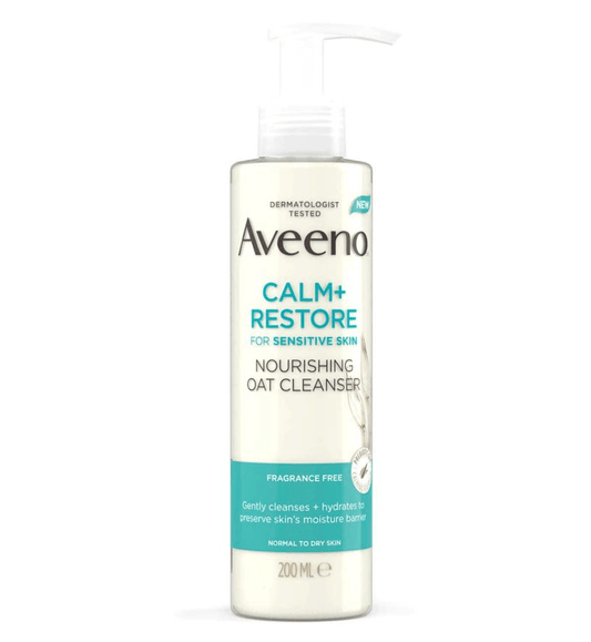 Aveeno Face Calm+Restore Nourishing Oat Cleanser 200ml for sensitive skin, hydrates and soothes without stripping moisture.