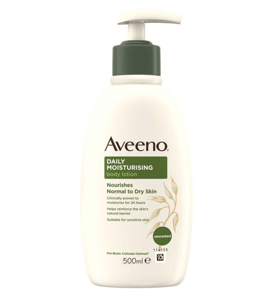 AVEENO Daily Moisturising Lotion 500ml bottle for normal to dry skin, featuring prebiotic colloidal oatmeal for hydration.