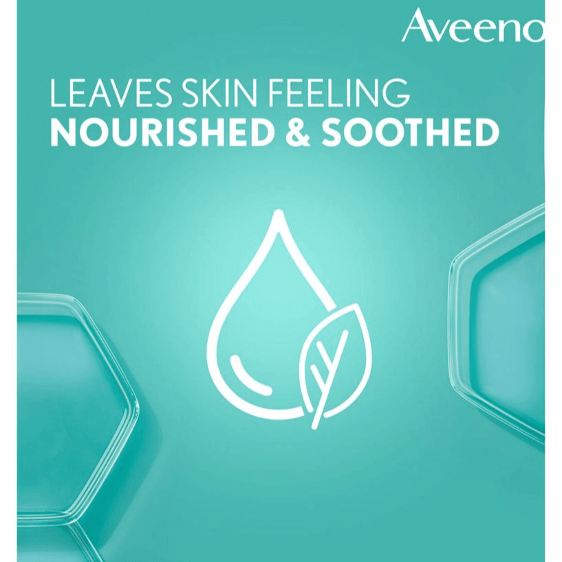 Aveeno graphic highlighting nourishing and soothing skin benefits of the Face Calm and Restore Cleanser.