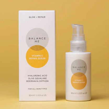 Balance Me Vitamin C Repair Serum 30ml bottle and box with hydration ingredients, promoting skin glow and repair.