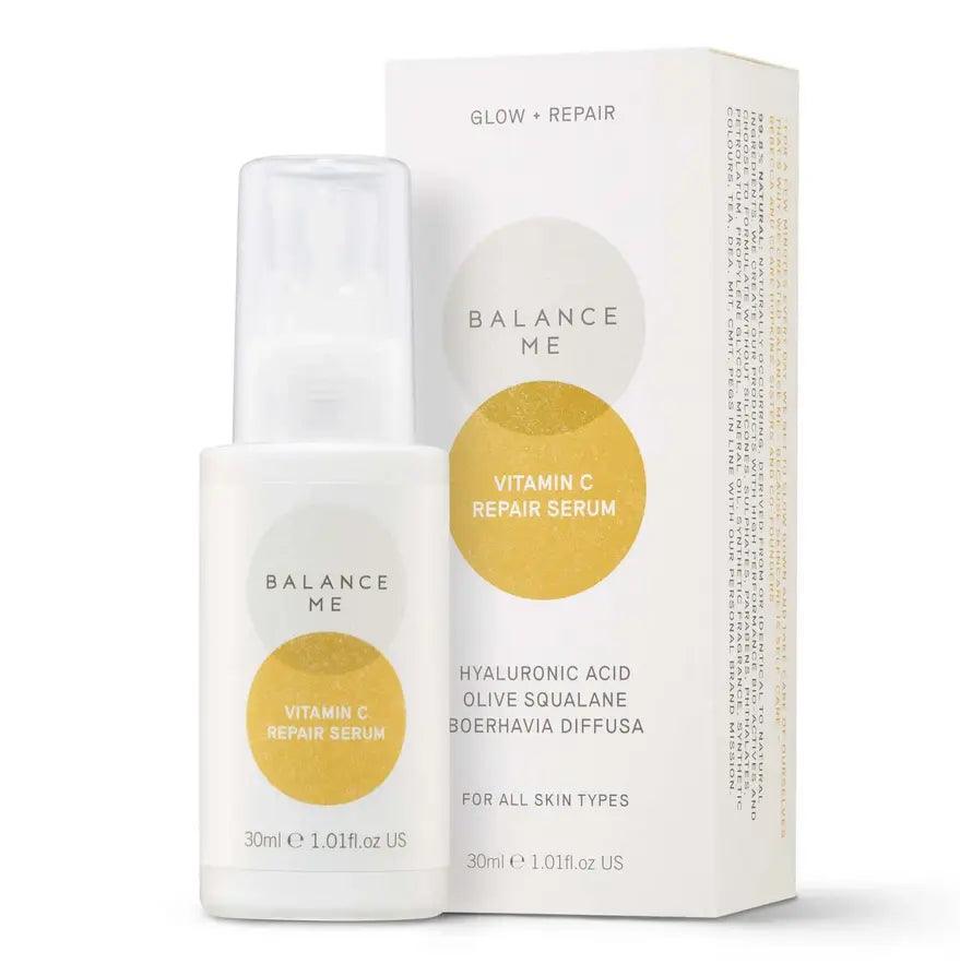 Balance Me Vitamin C Repair Serum 30ml in a sleek bottle with packaging, designed for hydration and skin elasticity boost.