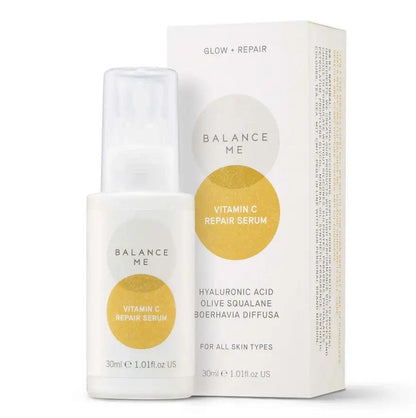 Balance Me Vitamin C Repair Serum 30ml in a sleek bottle with packaging, designed for hydration and skin elasticity boost.