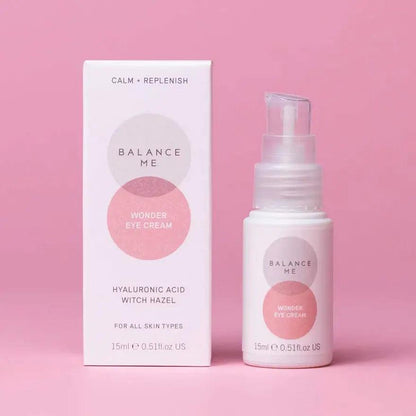 Balance Me Wonder Eye Cream 15ml packaging and bottle on pink background, perfect for brightening and rejuvenating tired eyes.